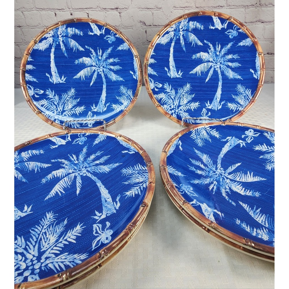 Member's Mark Cobalt Blue White Palm Trees Faux Rattan Trim 6 Melamine Plates